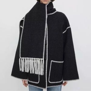 Winter Embroidered White Fringe Scarf Wool Jacket Toteme